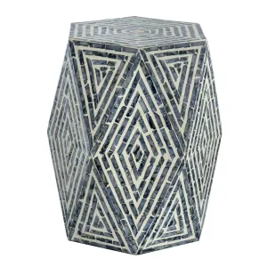 18 Inch Accent Table Stool, Hexagonal Design, Diamond Pattern, Blue, White By Casagear Home