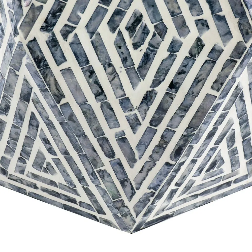 18 Inch Accent Table Stool, Hexagonal Design, Diamond Pattern, Blue, White By Casagear Home