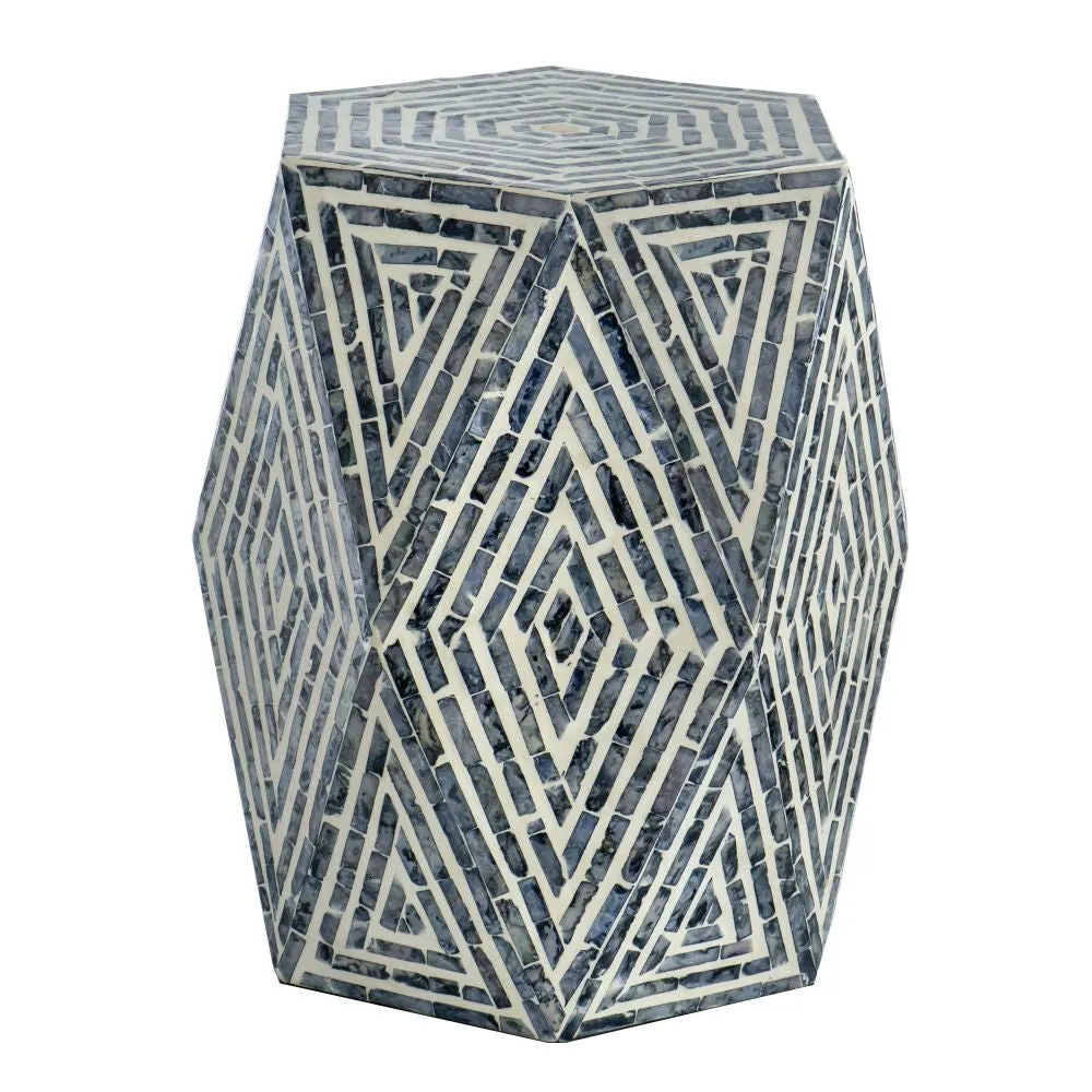 18 Inch Accent Table Stool, Hexagonal Design, Diamond Pattern, Blue, White By Casagear Home