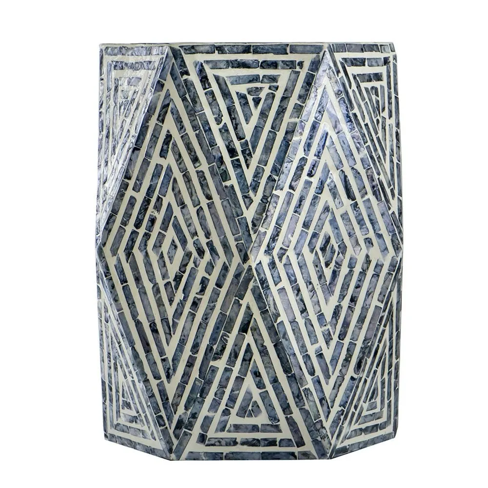18 Inch Accent Table Stool, Hexagonal Design, Diamond Pattern, Blue, White By Casagear Home