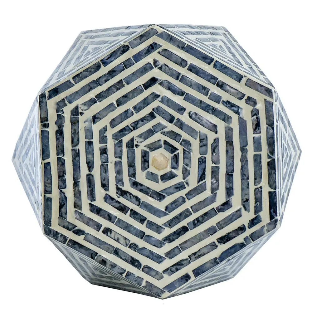 18 Inch Accent Table Stool, Hexagonal Design, Diamond Pattern, Blue, White By Casagear Home