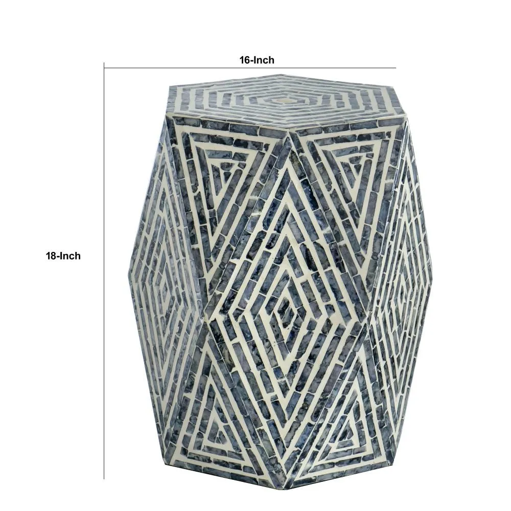18 Inch Accent Table Stool, Hexagonal Design, Diamond Pattern, Blue, White By Casagear Home