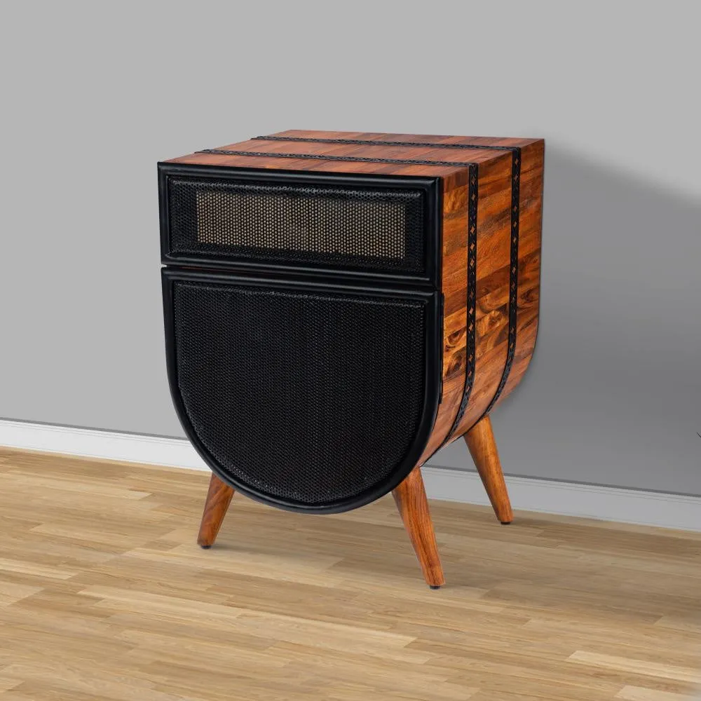 24 Inch Acacia Wood Accent Cabinet Chest with 1 Mesh Drawer and 1 Door, Brown and Black By The Urban Port
