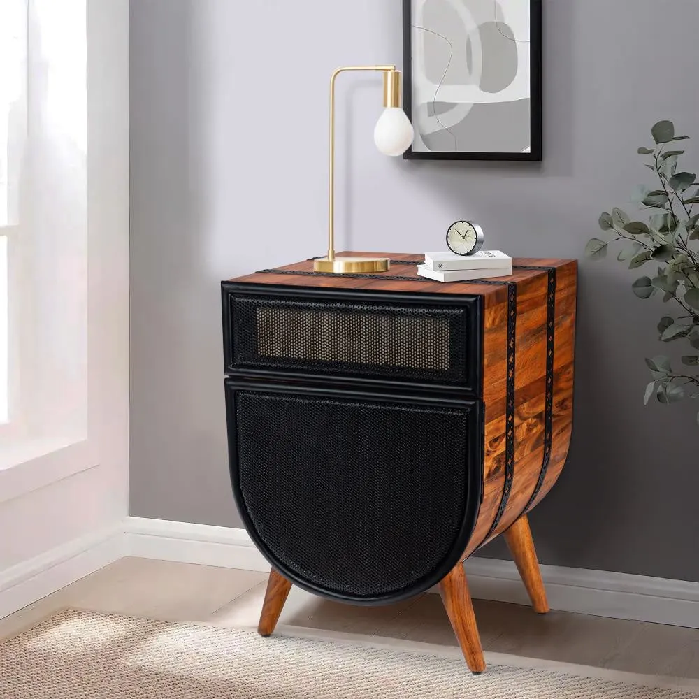 24 Inch Acacia Wood Accent Cabinet Chest with 1 Mesh Drawer and 1 Door, Brown and Black By The Urban Port