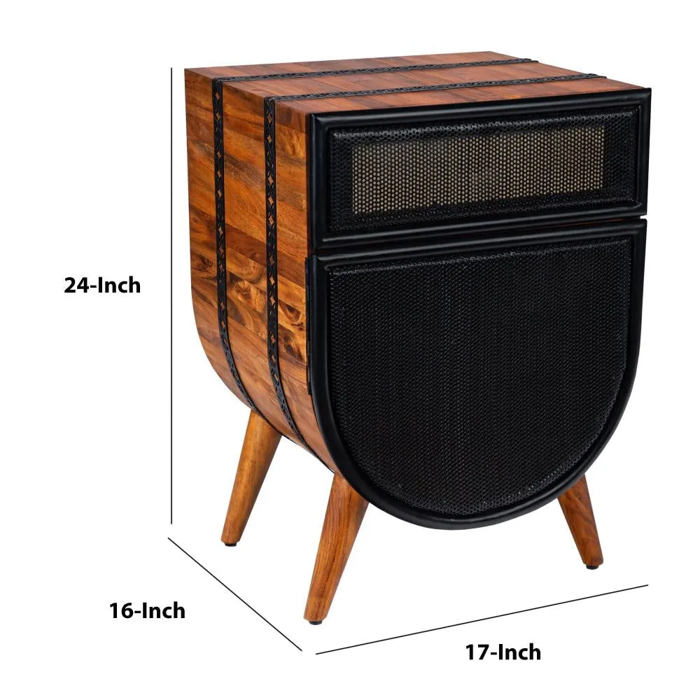 24 Inch Acacia Wood Accent Cabinet Chest with 1 Mesh Drawer and 1 Door, Brown and Black By The Urban Port