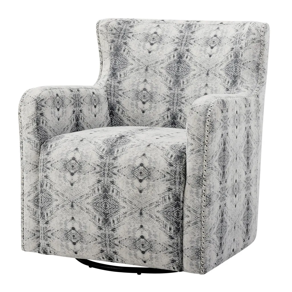 32 Inch Swivel Accent Chair, Gray Black Patterned Polyester, Solid Wood By Casagear Home