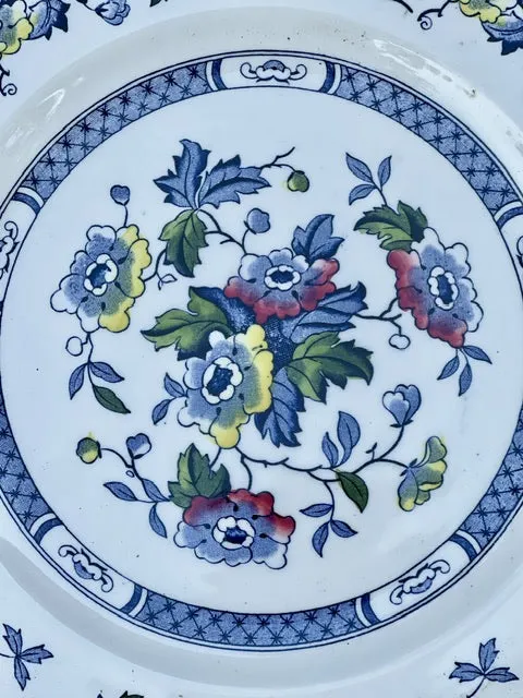 8” Vintage Chinoiserie Chic Polychrome Blue Jacobean Transferware English Plate Oriental Flowers