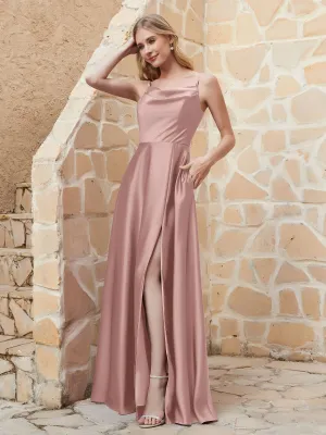 A Line Cowl Neck Satin Dress With Slit Vintage Mauve