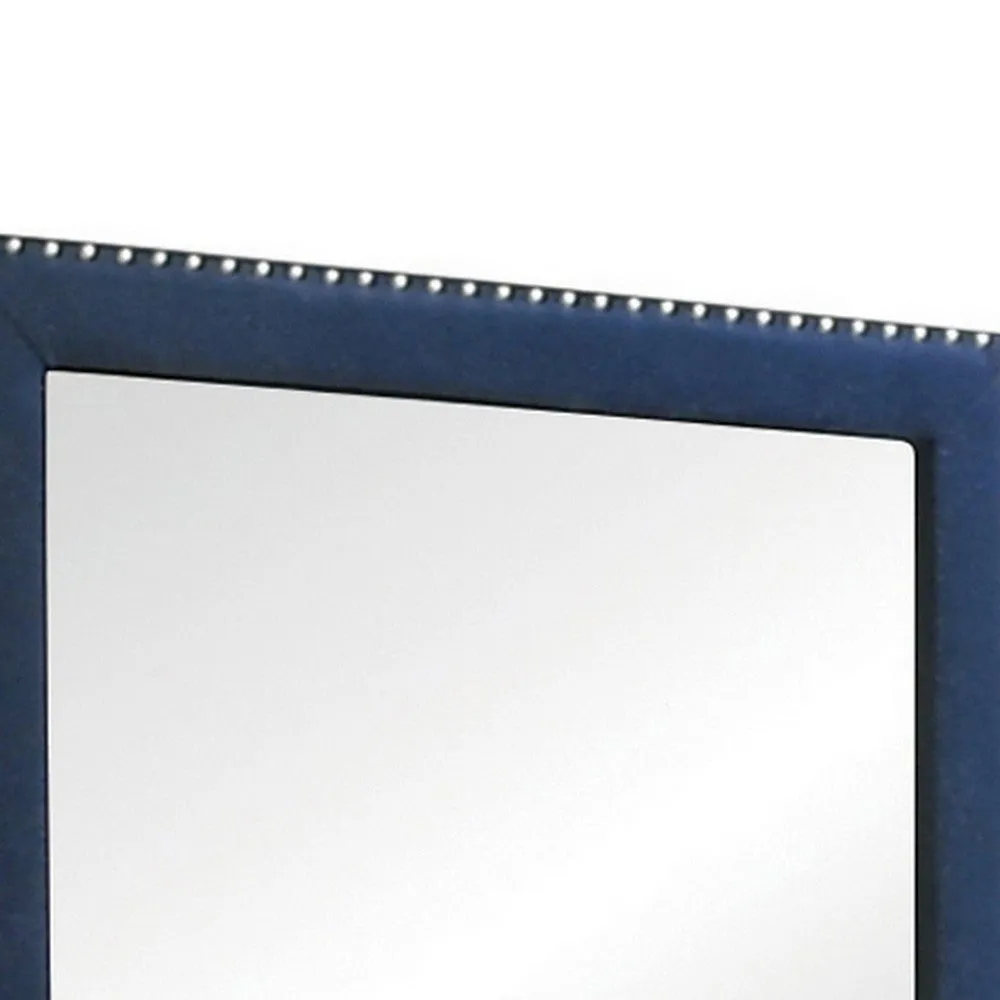 Cale 40 Inch Modern Glam Portrait Mirror, Nailhead, Blue Velvet Upholstered By Casagear Home