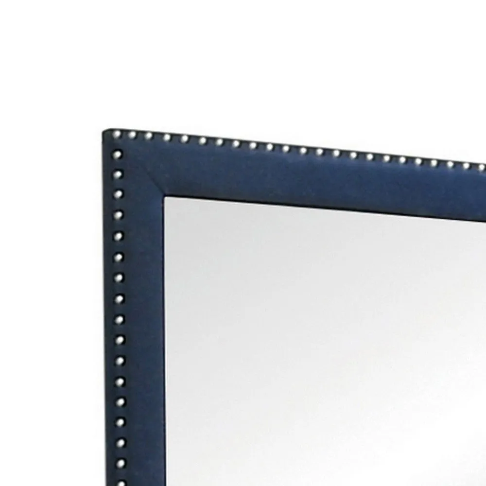 Cale 40 Inch Modern Glam Portrait Mirror, Nailhead, Blue Velvet Upholstered By Casagear Home