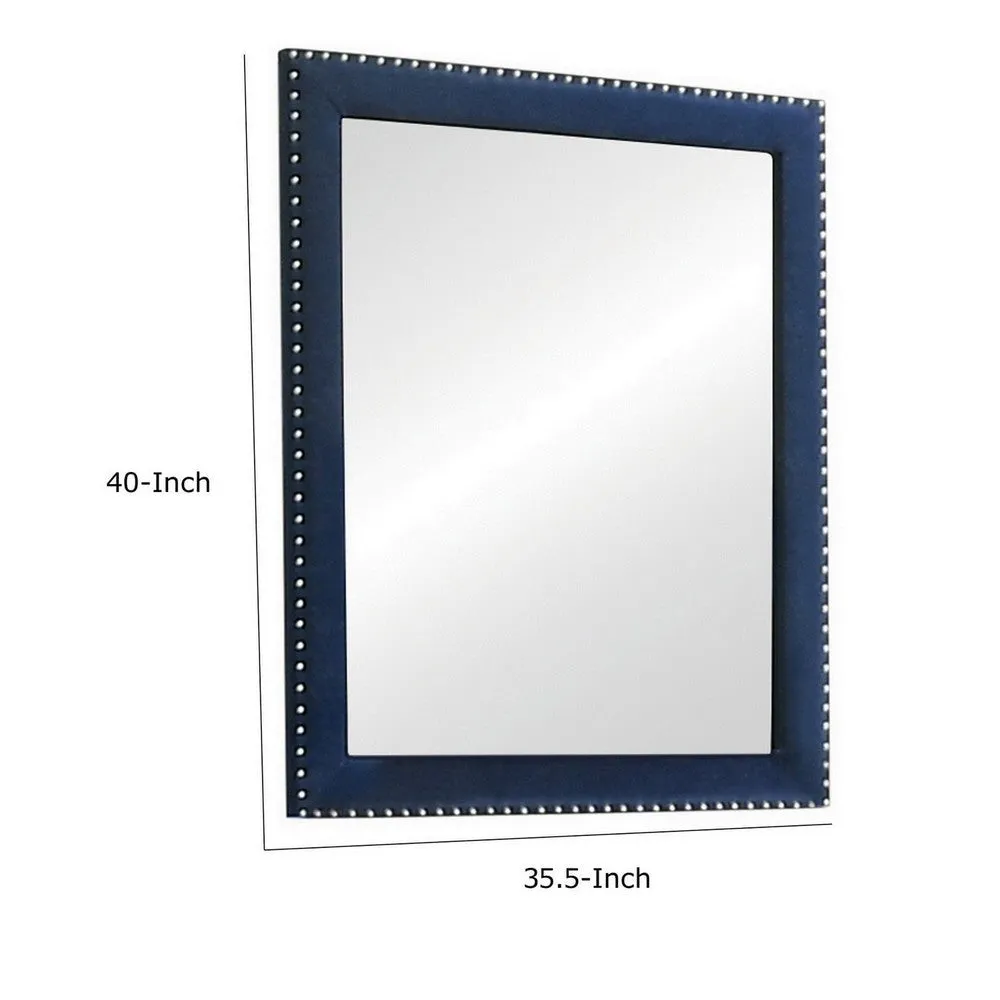 Cale 40 Inch Modern Glam Portrait Mirror, Nailhead, Blue Velvet Upholstered By Casagear Home
