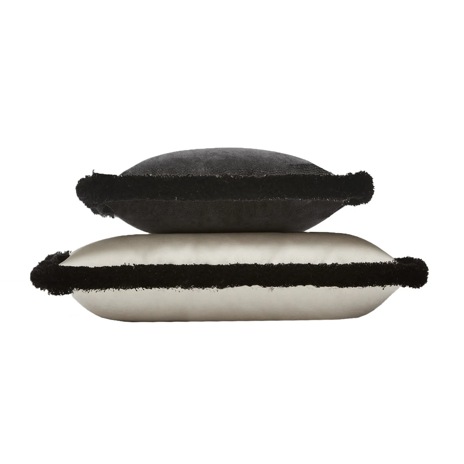 COUPLE BED CUSHIONS VELVET WITH FRINGES DIRTY WHITE AND BLACK