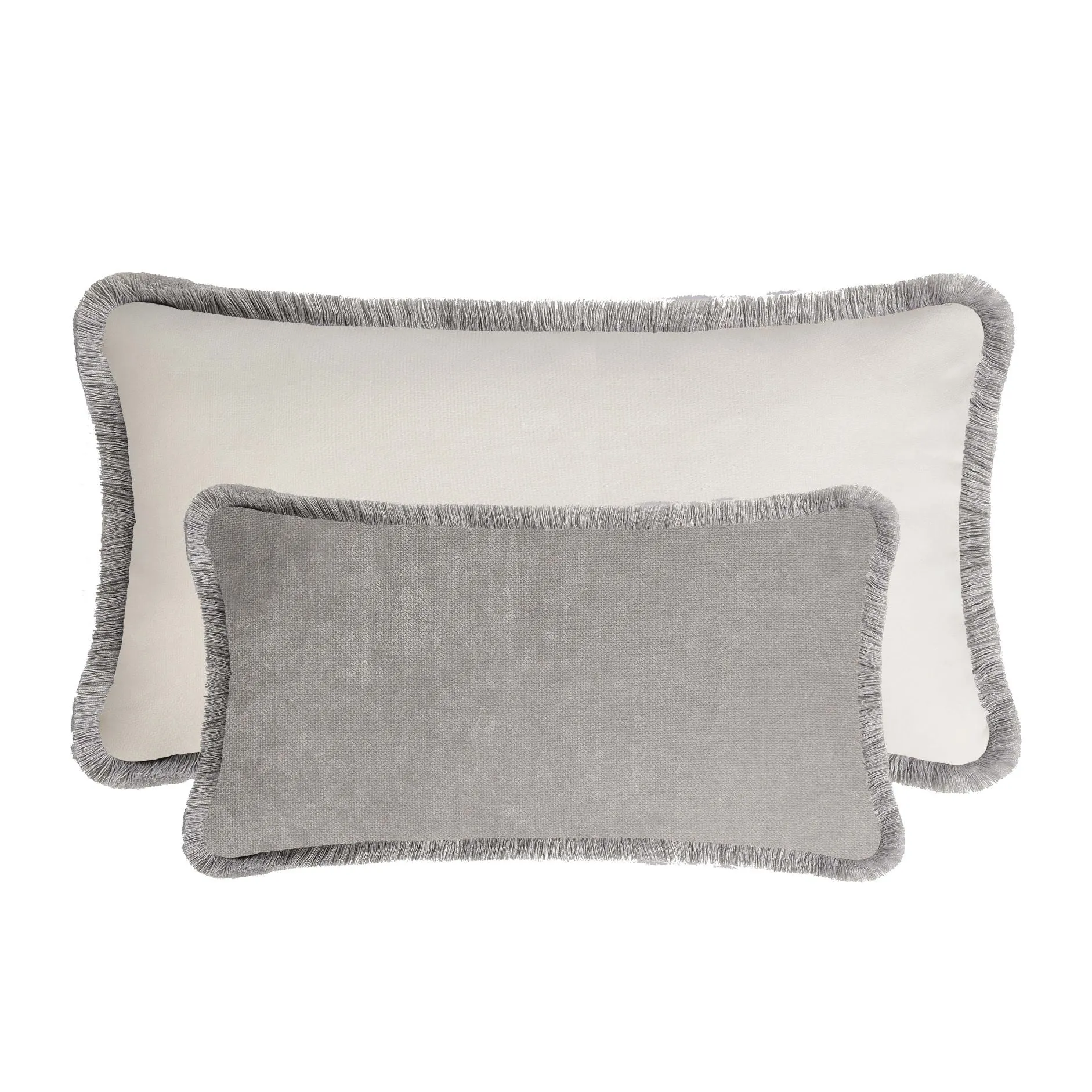 COUPLE BED CUSHIONS VELVET WITH FRINGES DIRTY WHITE AND PEARL GREY | PEARL GREY AND GREY