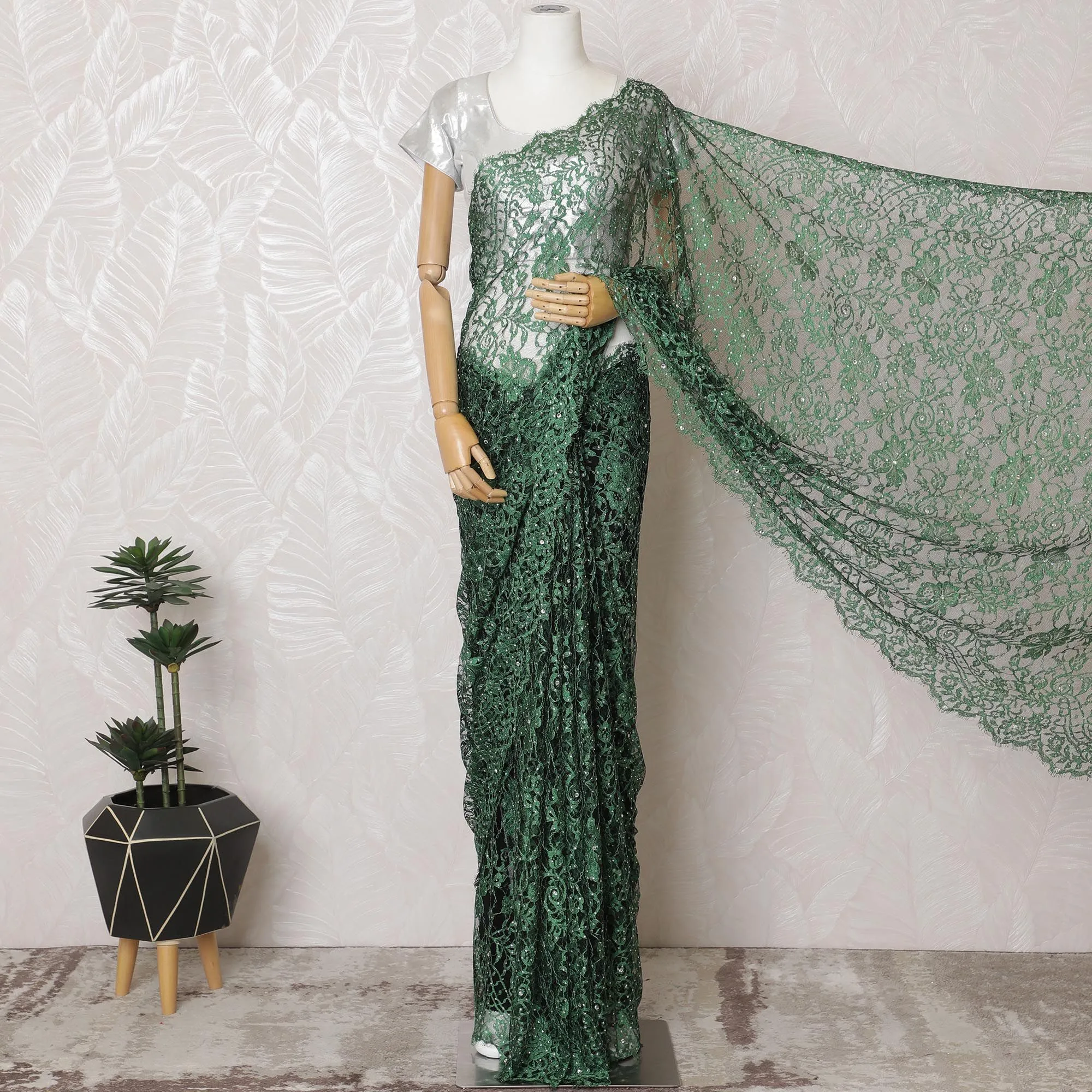 Emerald green Premium French Chantilly lace saree with Stone Work - 110cm x 5.5 Mtrs Piece-D18783