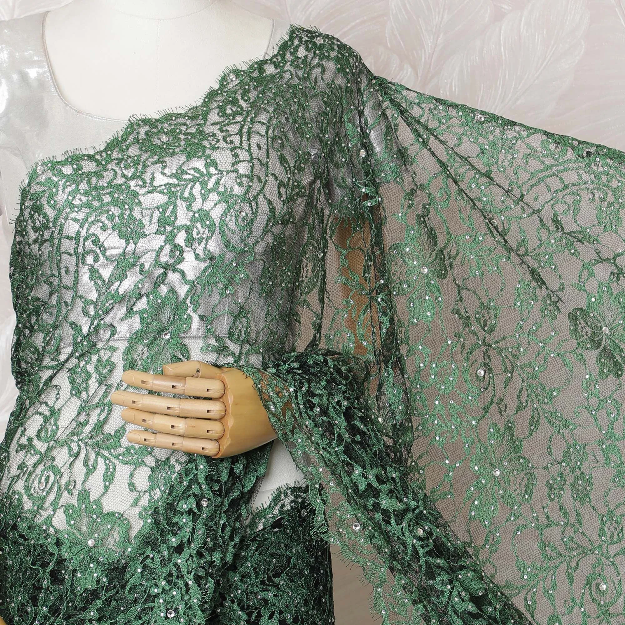 Emerald green Premium French Chantilly lace saree with Stone Work - 110cm x 5.5 Mtrs Piece-D18783