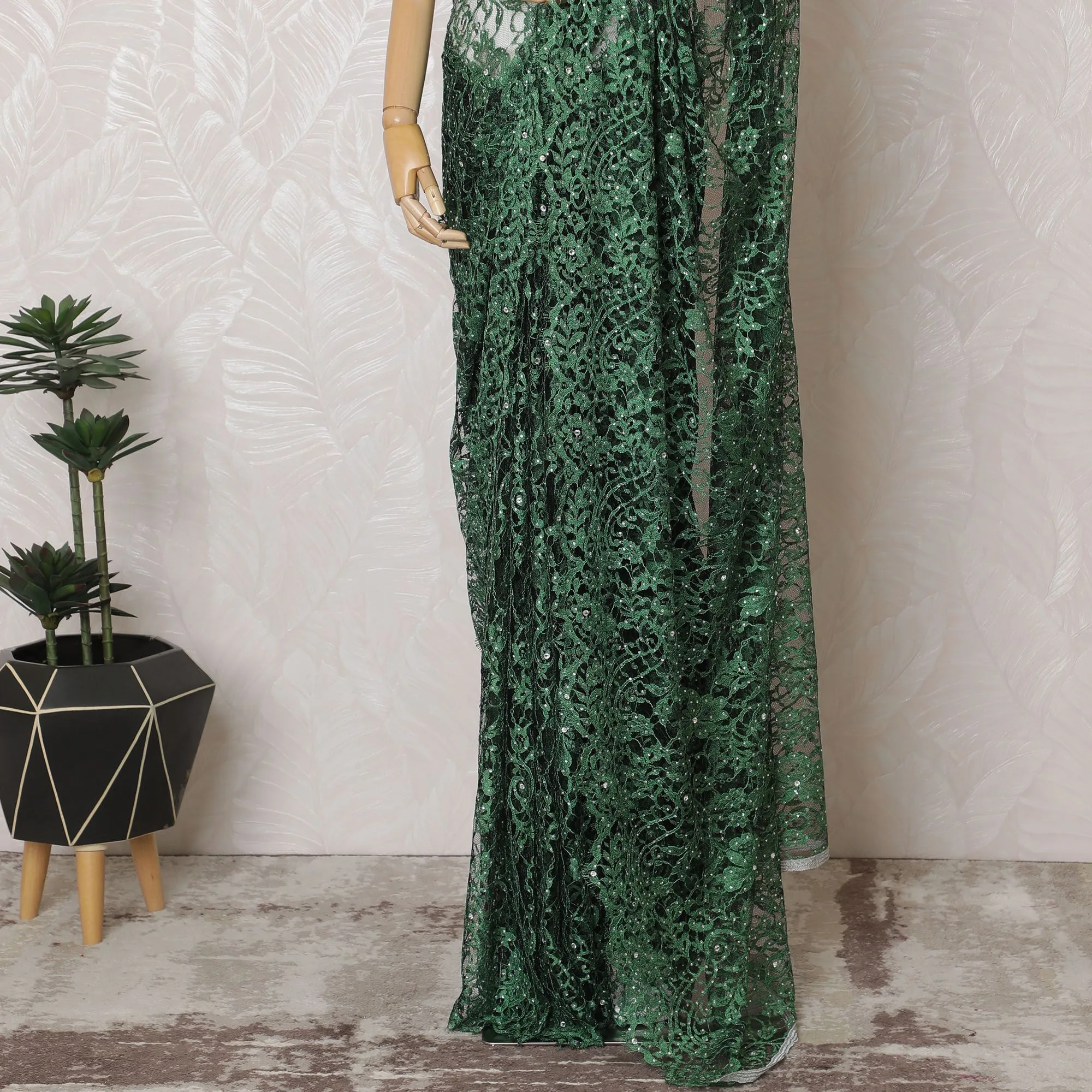Emerald green Premium French Chantilly lace saree with Stone Work - 110cm x 5.5 Mtrs Piece-D18783