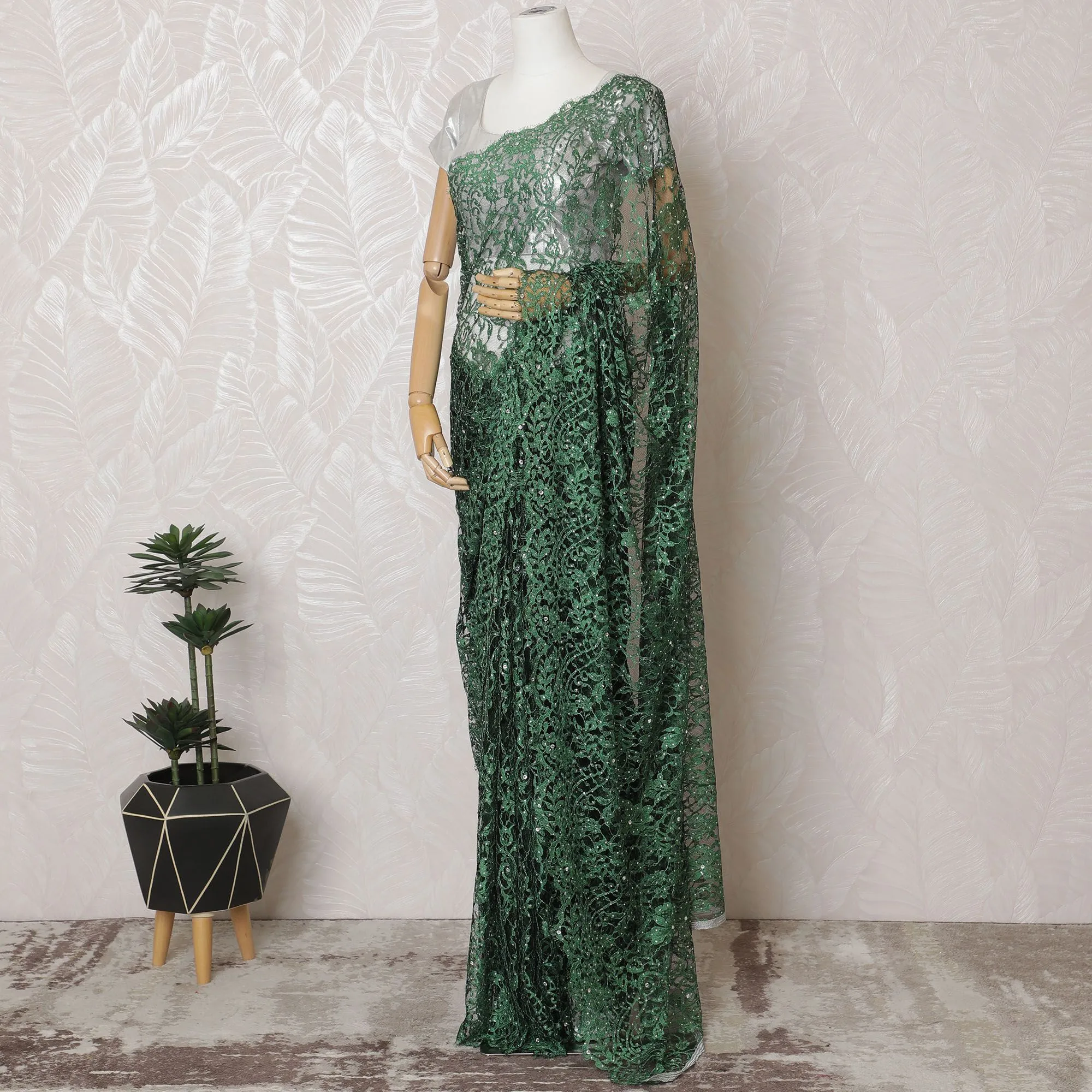 Emerald green Premium French Chantilly lace saree with Stone Work - 110cm x 5.5 Mtrs Piece-D18783