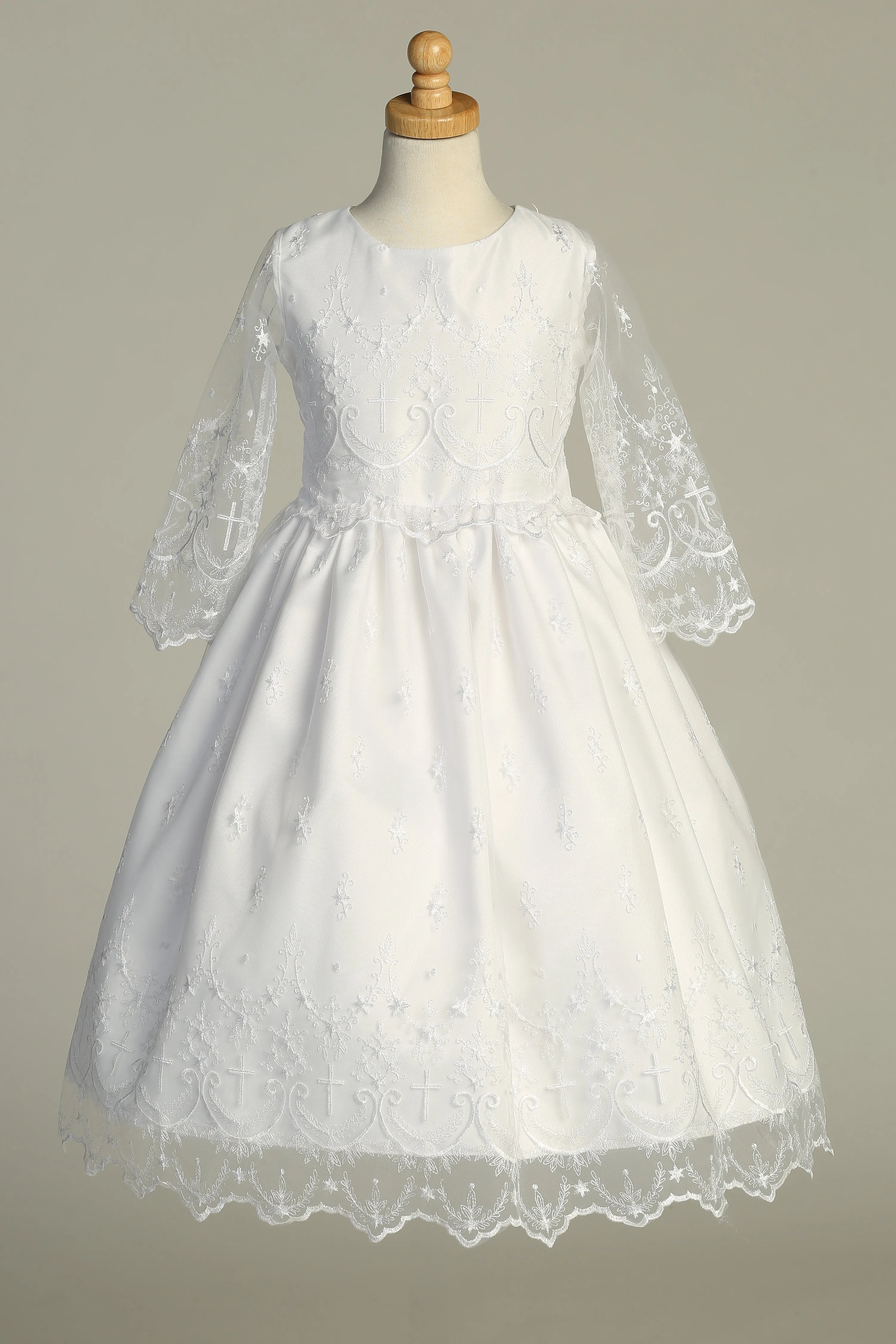 Girls White Cross Embroidered Tulle Communion Dress 6-12