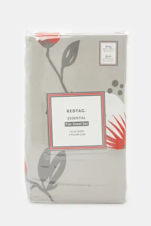 Grey Floral Flat Sheet (King Size)