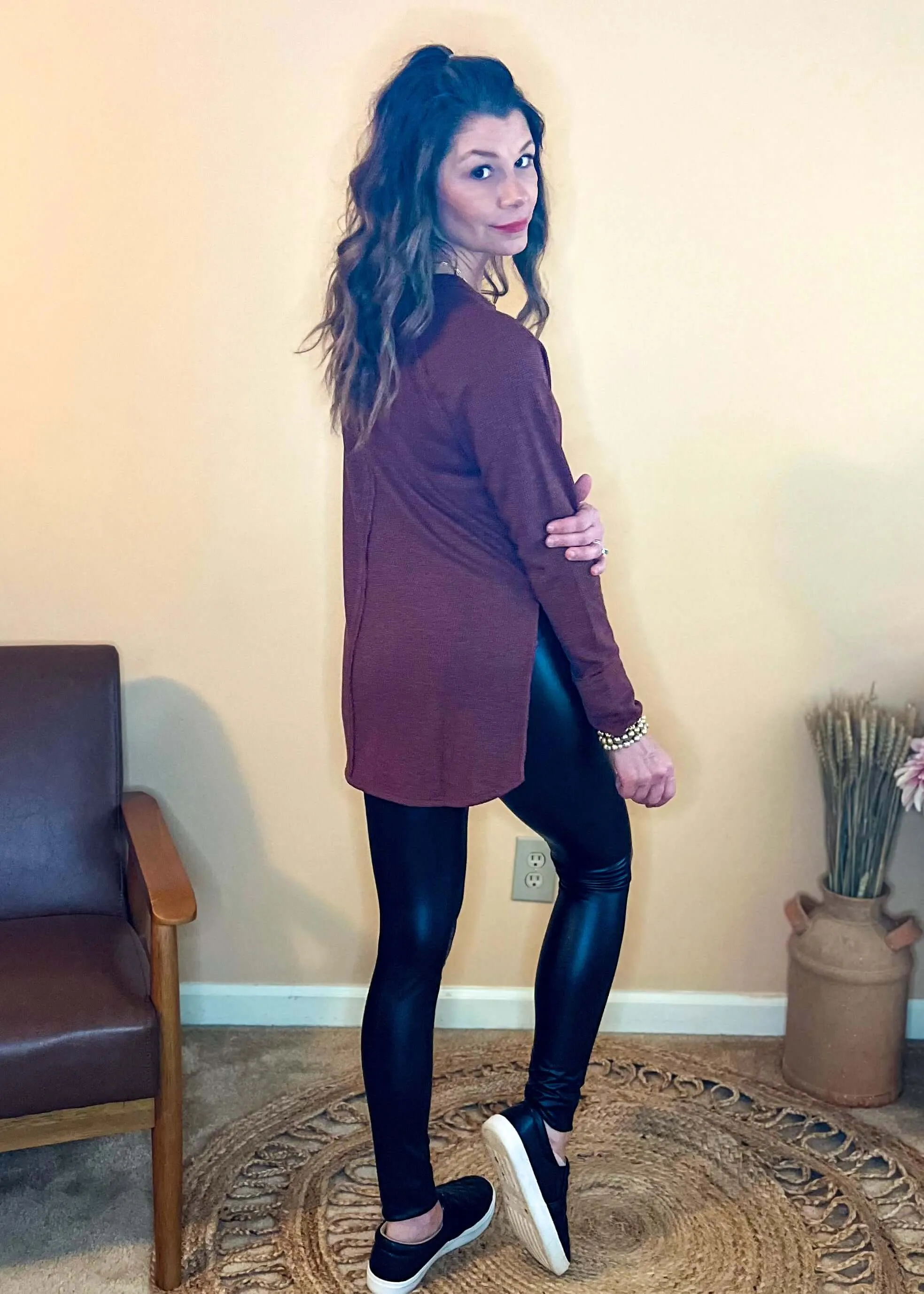 In the Moment Waffle Knit Top - Dark Rust