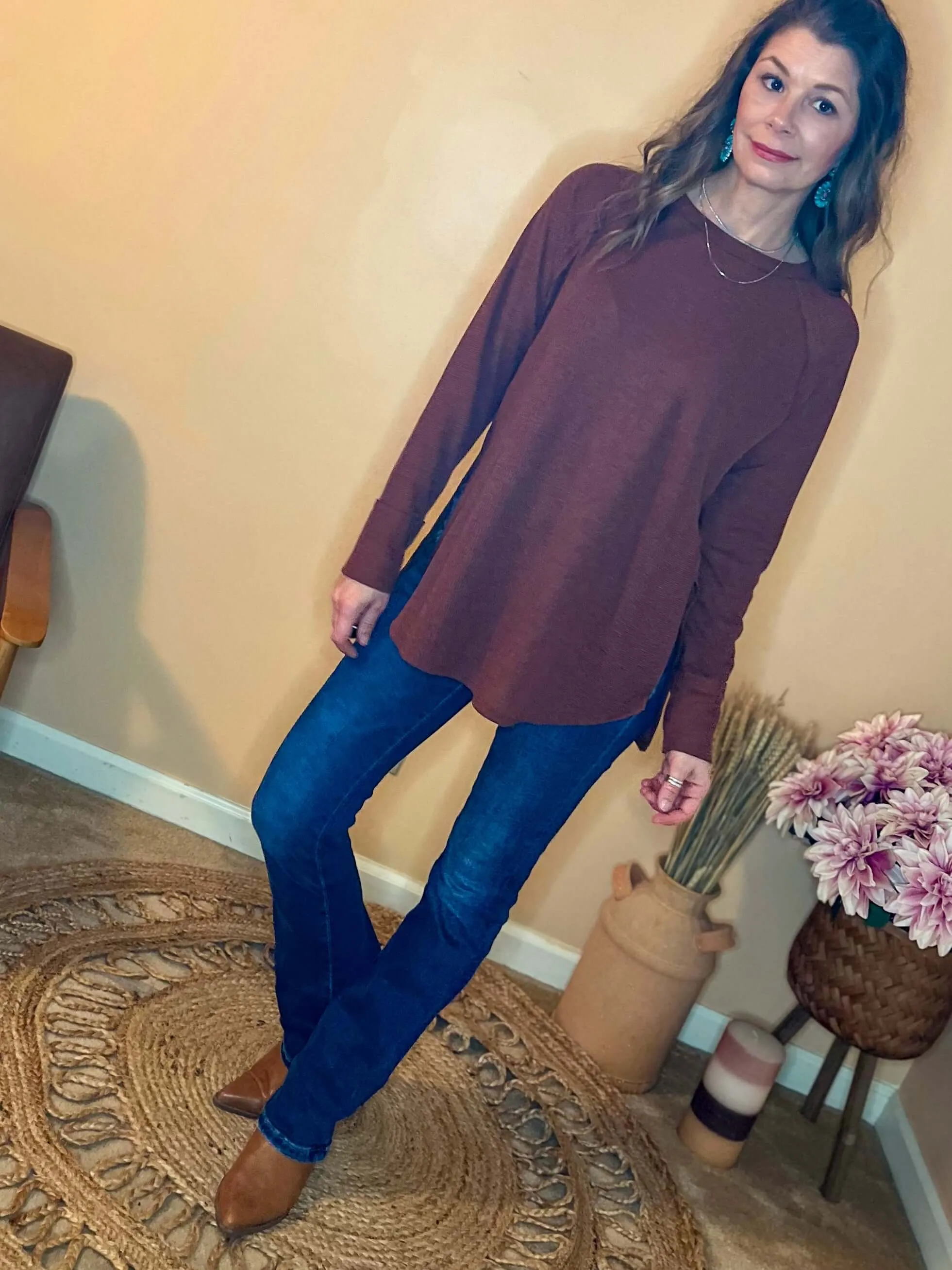 In the Moment Waffle Knit Top - Dark Rust