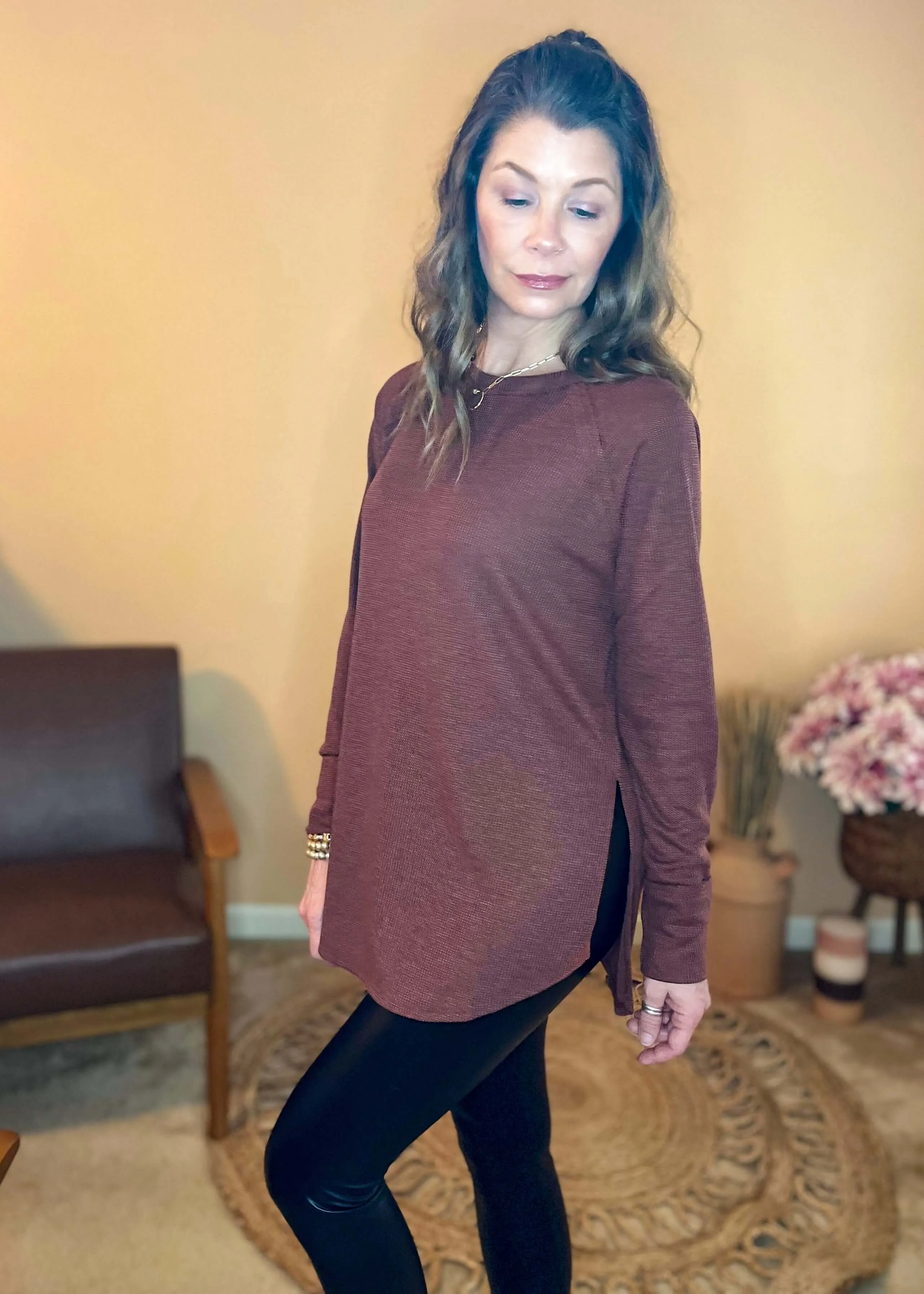 In the Moment Waffle Knit Top - Dark Rust