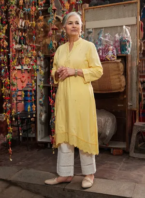 Inaya Lemon Yellow Embroidered Cotton Linen Slub Kurta for Women