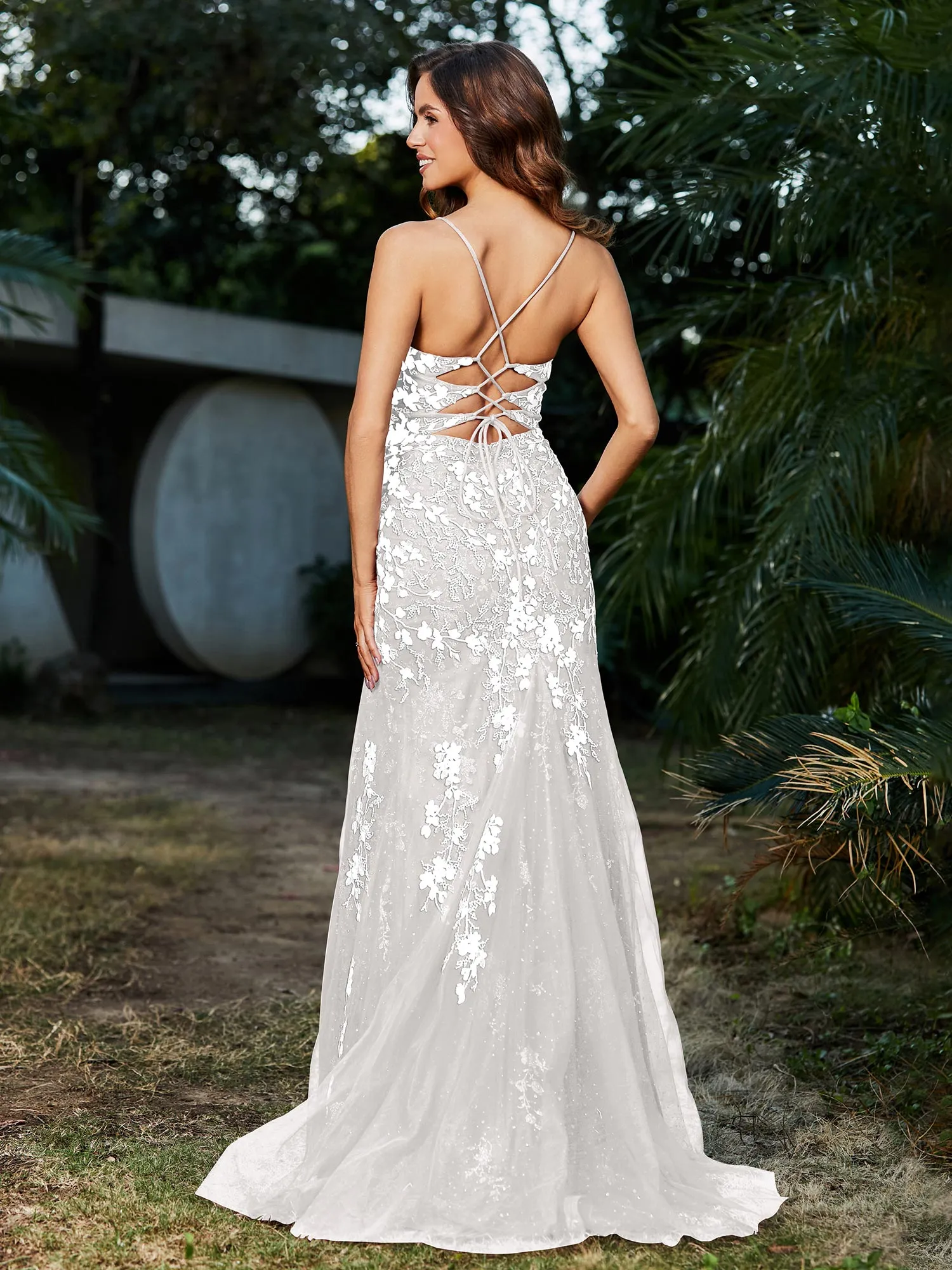 Lace Applique High Slit Fitted Tulle Dress Ivory