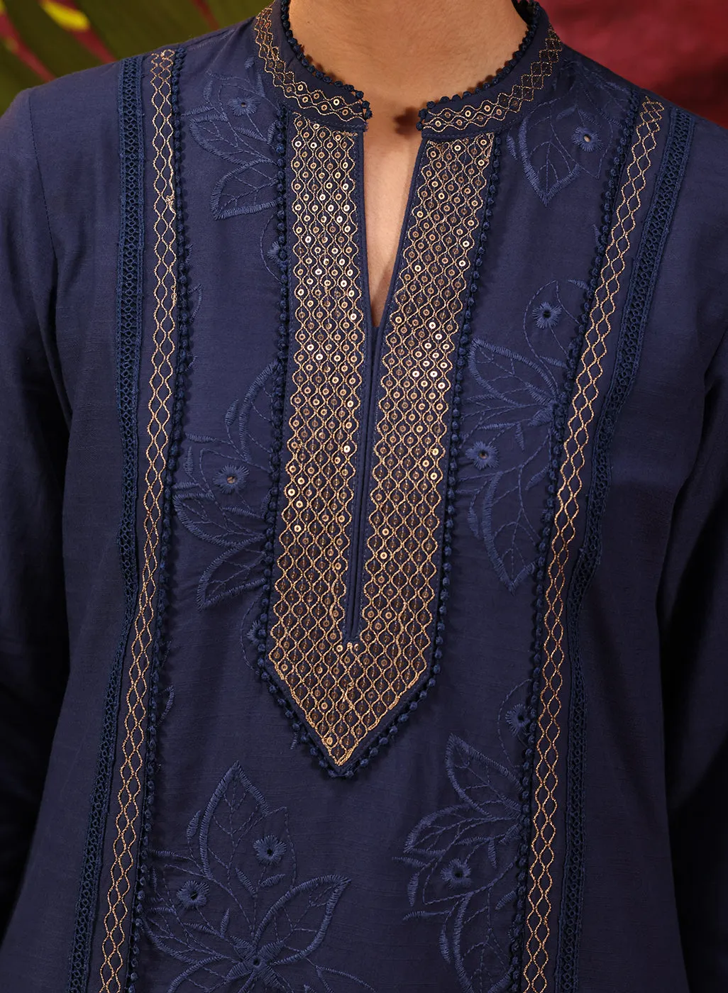 Mehwish Navy Blue Embroidered Cotton Linen Designer Kurta