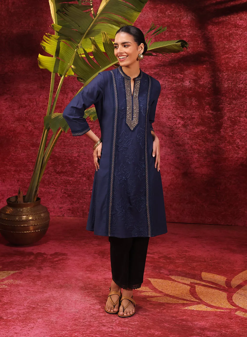 Mehwish Navy Blue Embroidered Cotton Linen Designer Kurta
