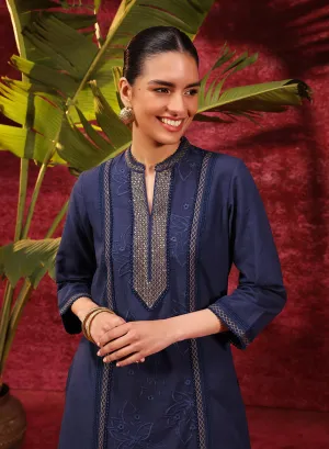 Mehwish Navy Blue Embroidered Cotton Linen Designer Kurta