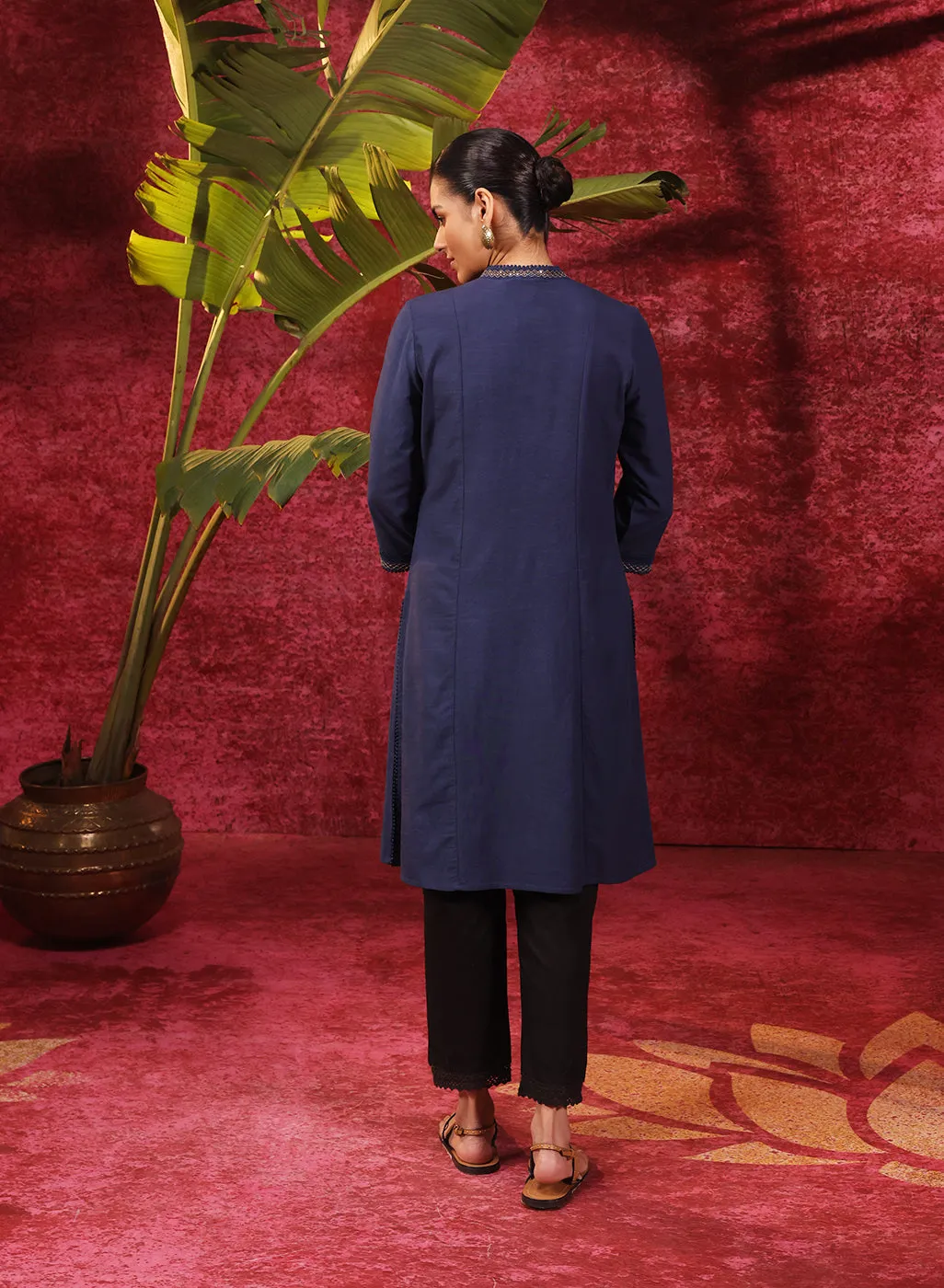 Mehwish Navy Blue Embroidered Cotton Linen Designer Kurta