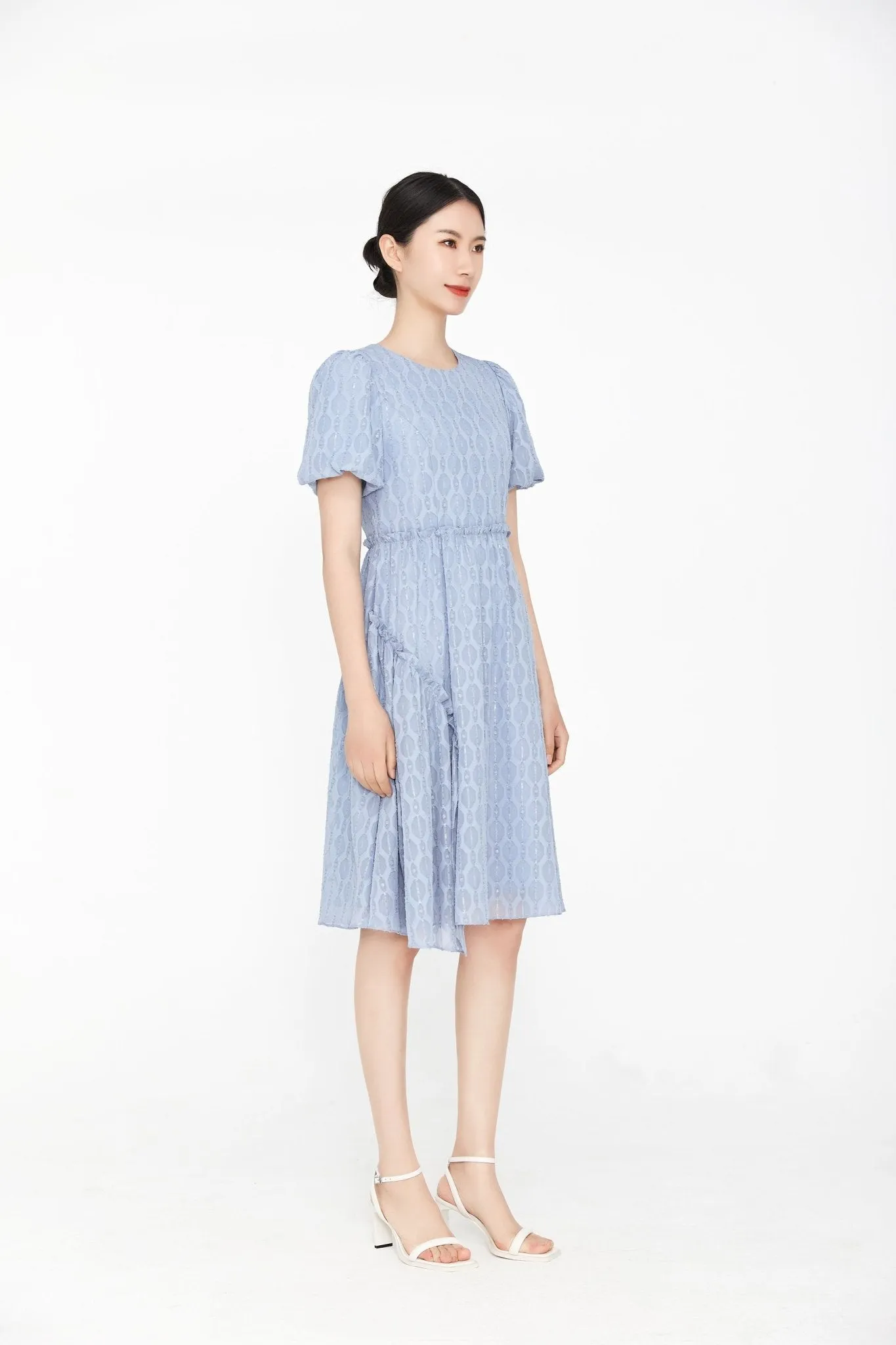 Mist Blue Puff Sleeve Rhombus Midi Dress
