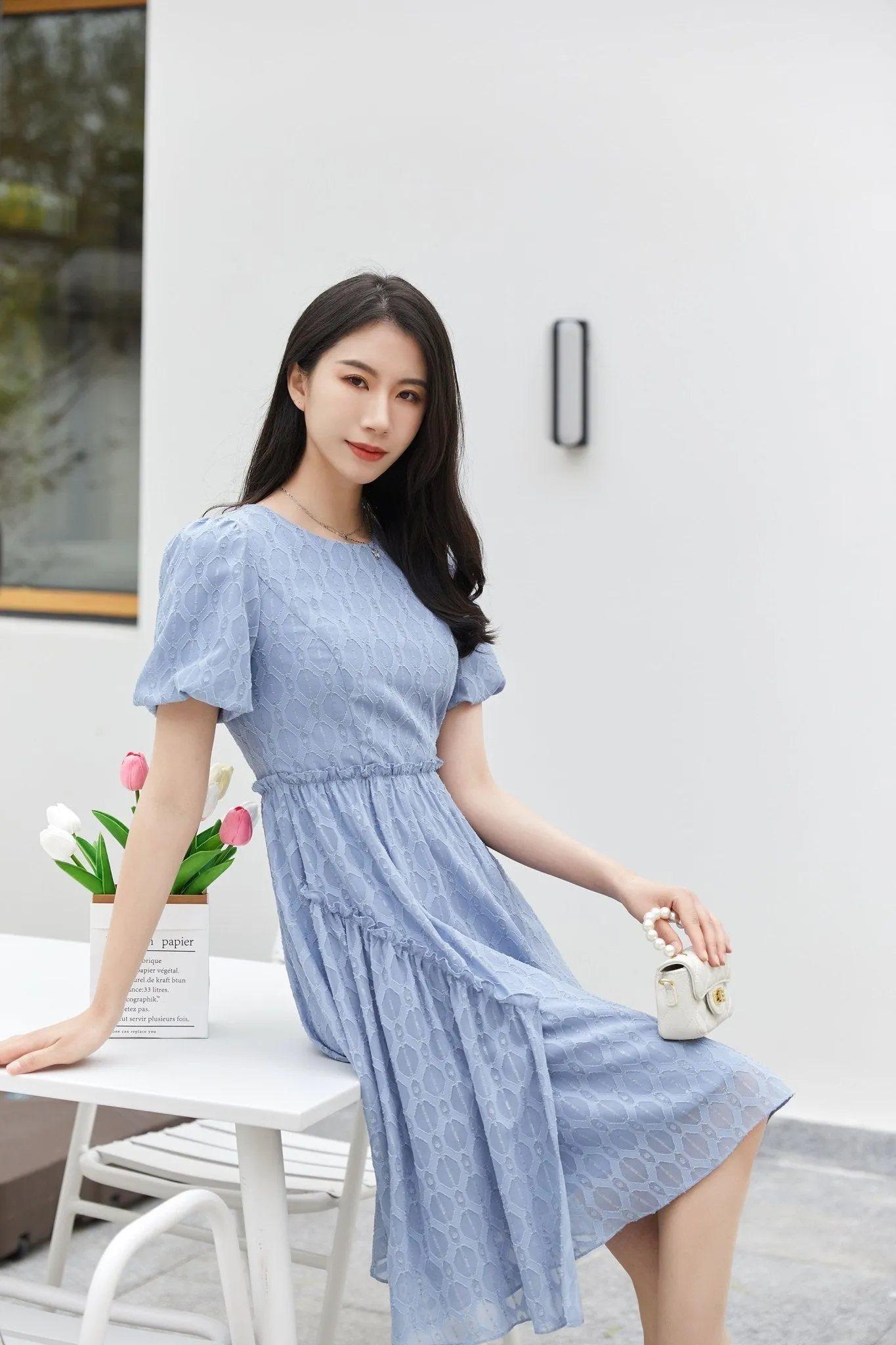 Mist Blue Puff Sleeve Rhombus Midi Dress