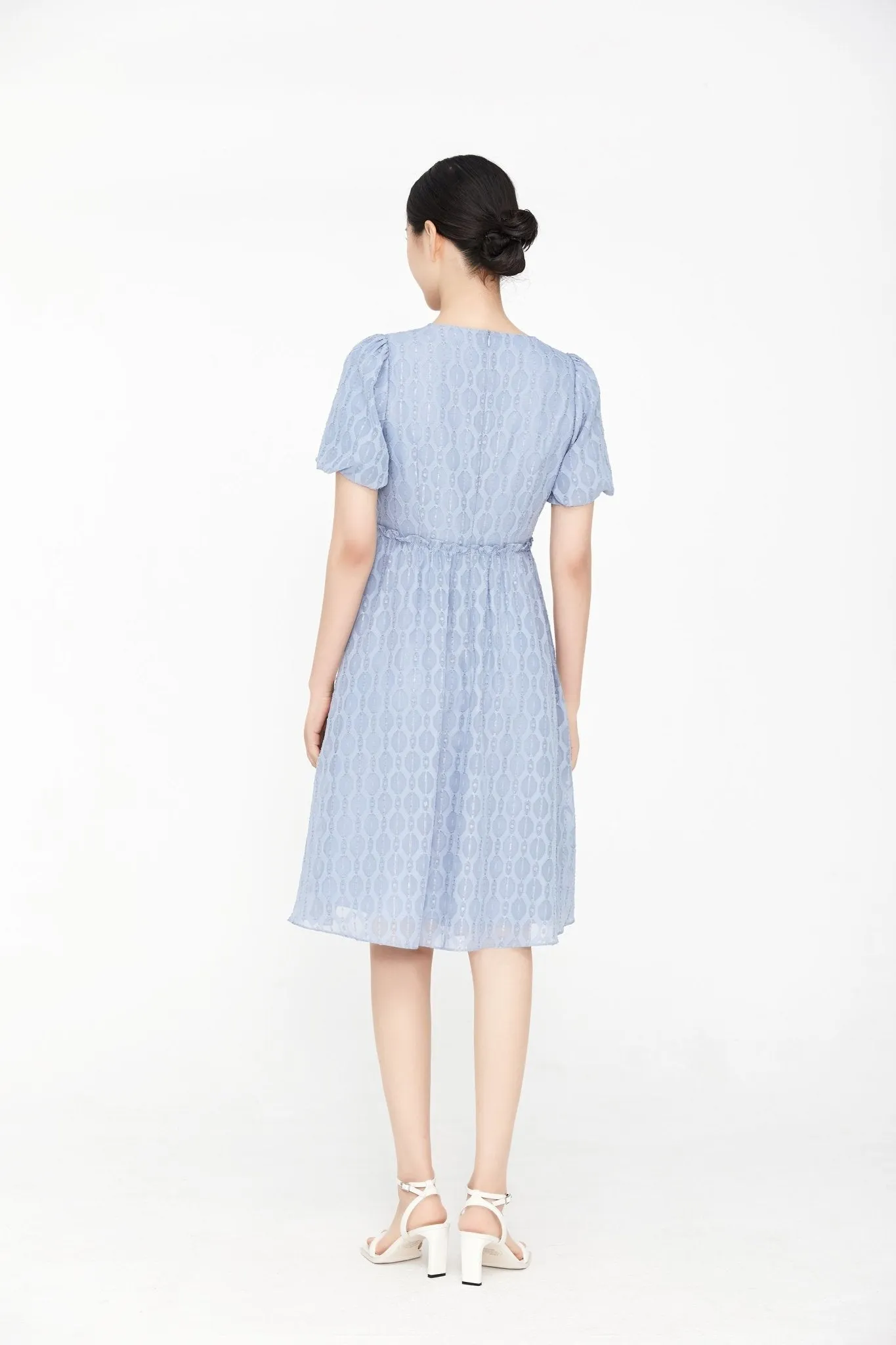 Mist Blue Puff Sleeve Rhombus Midi Dress