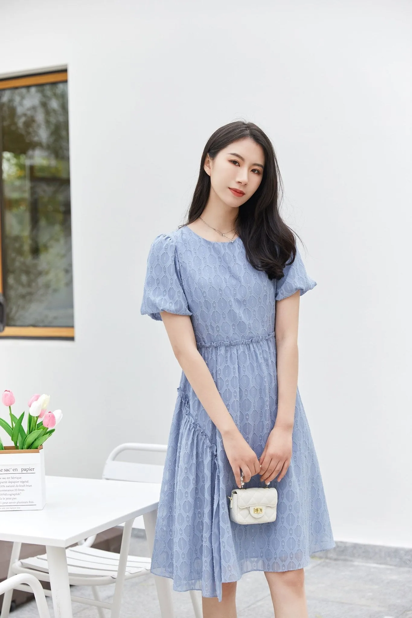 Mist Blue Puff Sleeve Rhombus Midi Dress