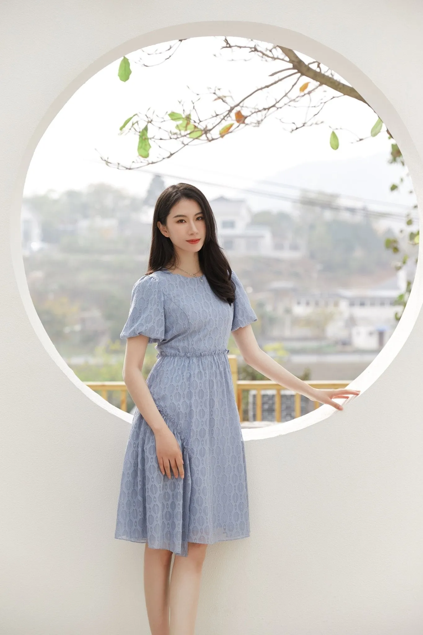 Mist Blue Puff Sleeve Rhombus Midi Dress