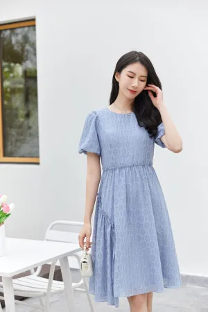 Mist Blue Puff Sleeve Rhombus Midi Dress