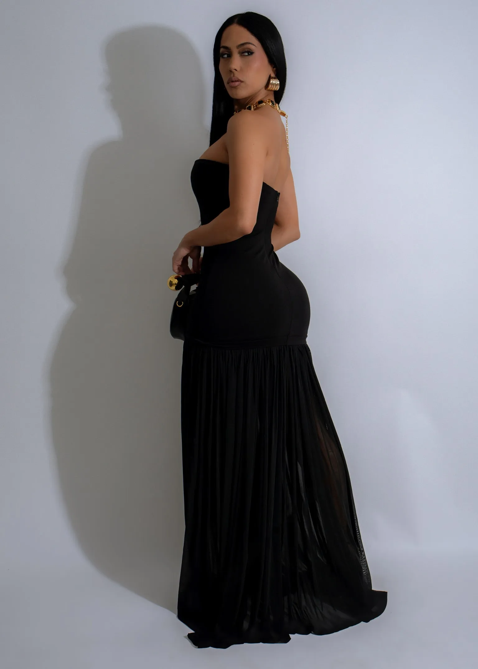 Moonlit Cascade Mesh Maxi Dress Black
