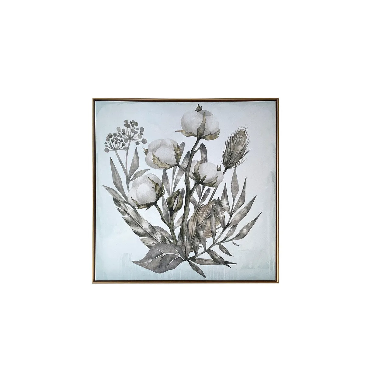 "Cotton Branch Bouquet" Watercolor Print on Gold Floating Framed Canvas Wall Art