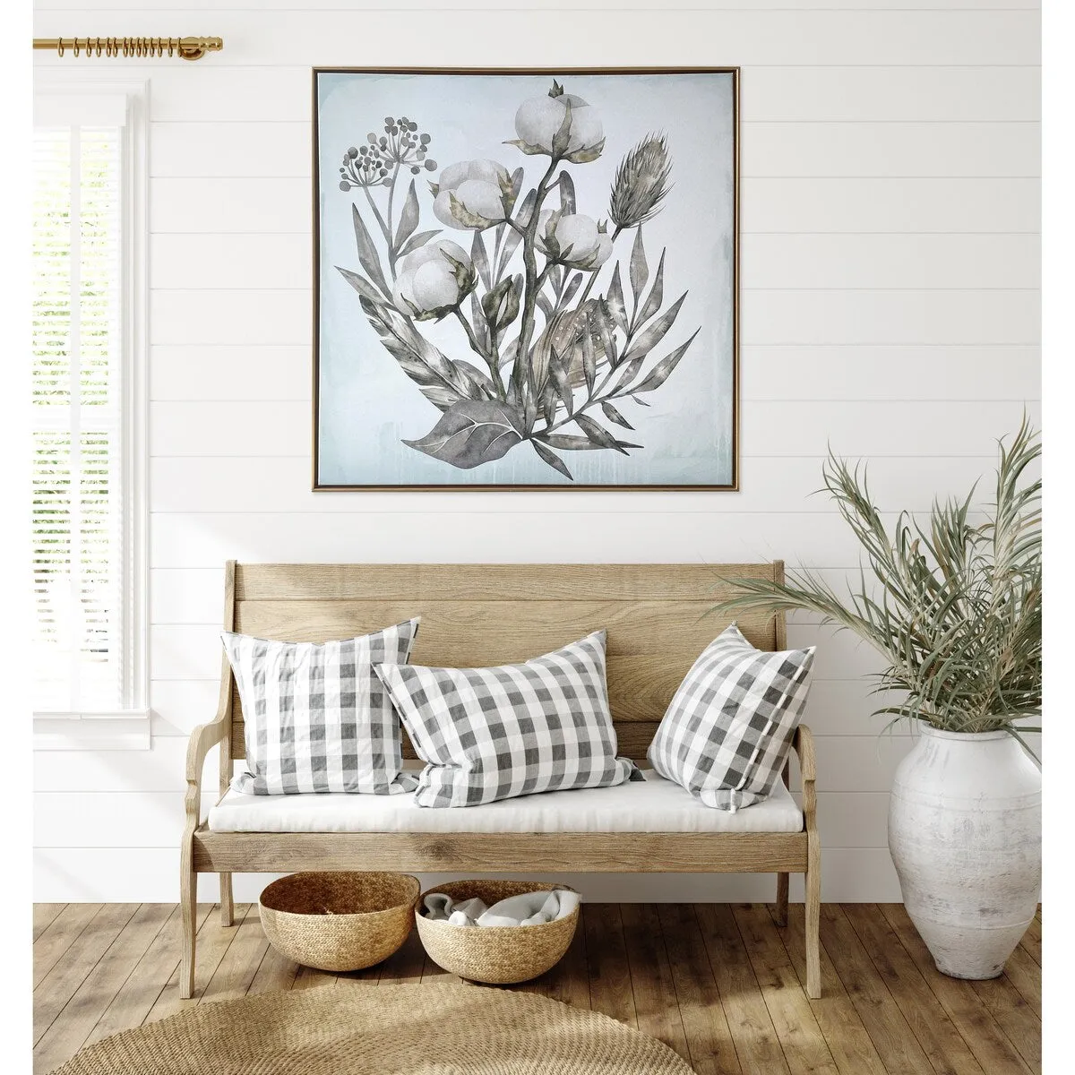 "Cotton Branch Bouquet" Watercolor Print on Gold Floating Framed Canvas Wall Art