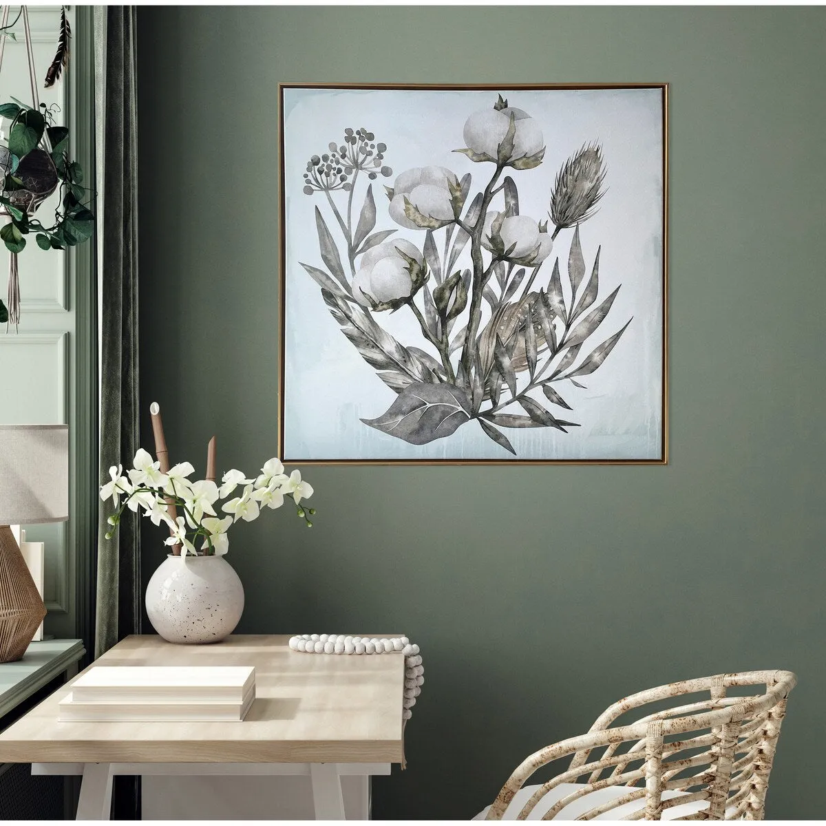 "Cotton Branch Bouquet" Watercolor Print on Gold Floating Framed Canvas Wall Art