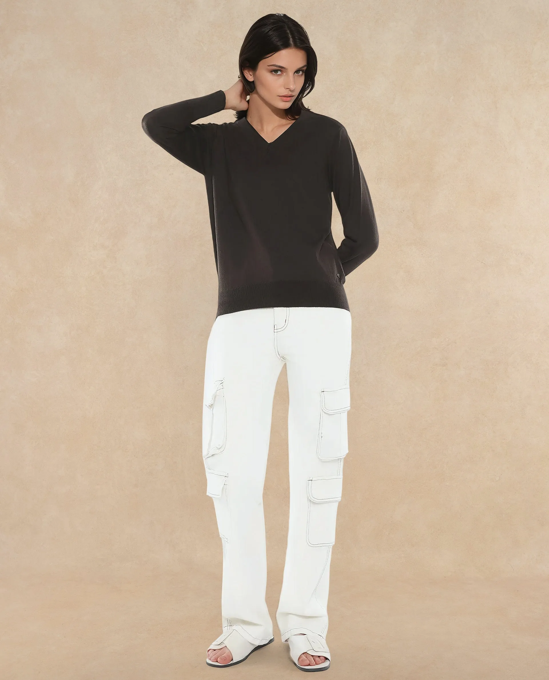 Rareism Women Usak Brown Acrylic Nylon Fabric Relaxed Fit Plain Sweater