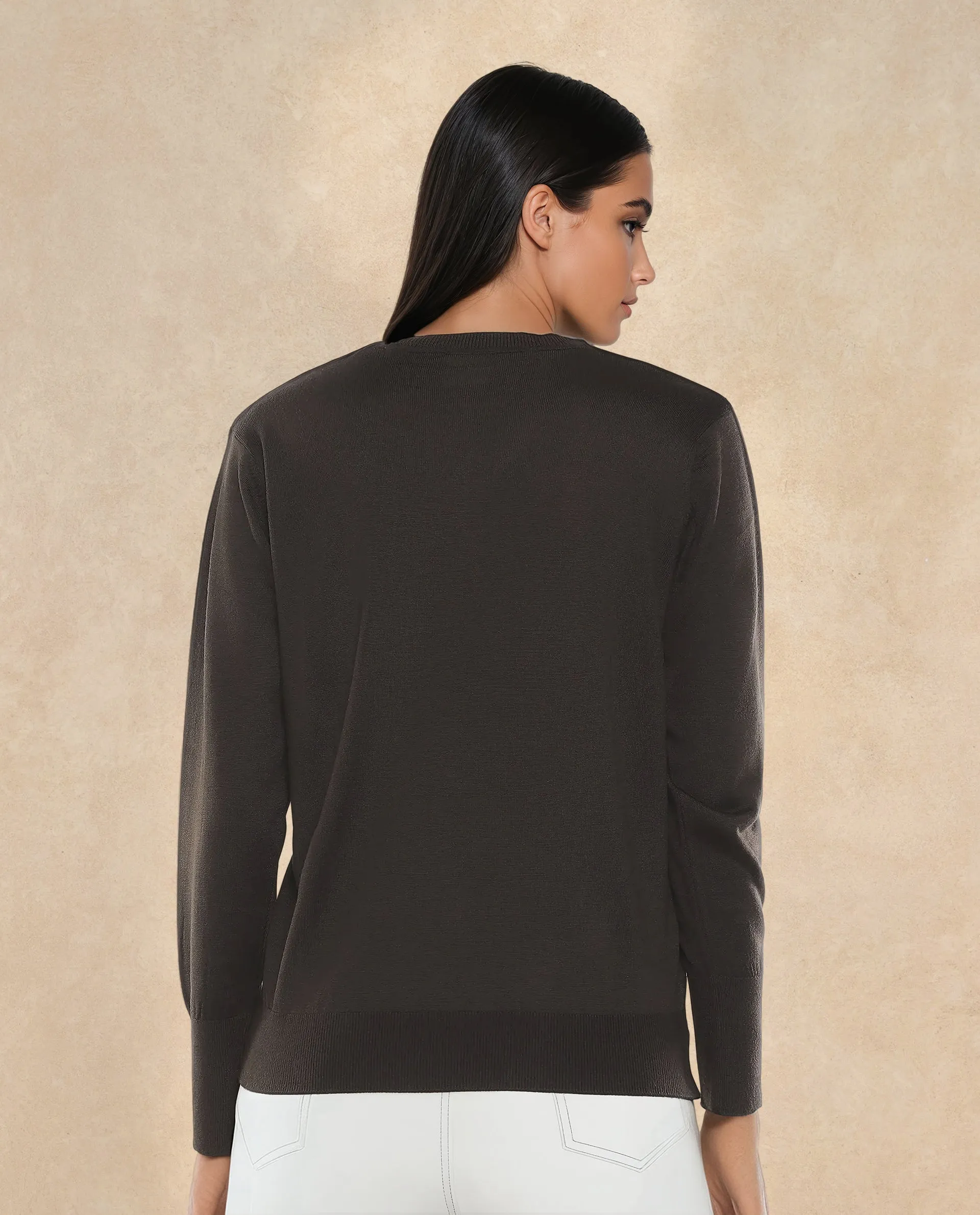 Rareism Women Usak Brown Acrylic Nylon Fabric Relaxed Fit Plain Sweater