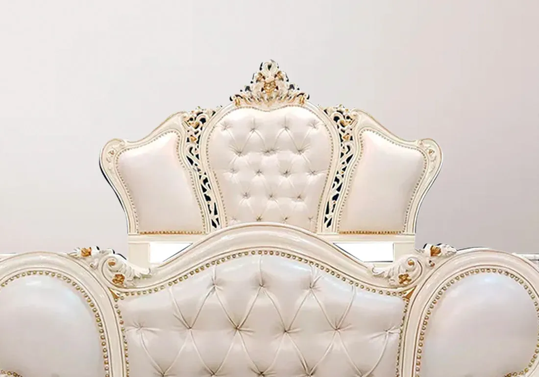 Regal White and Gold Teak Wood Bed Set