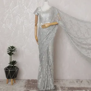 Silver French Metallic Chantilly Lace Saree - 110 cm Width, 5.5 Meters-D20159