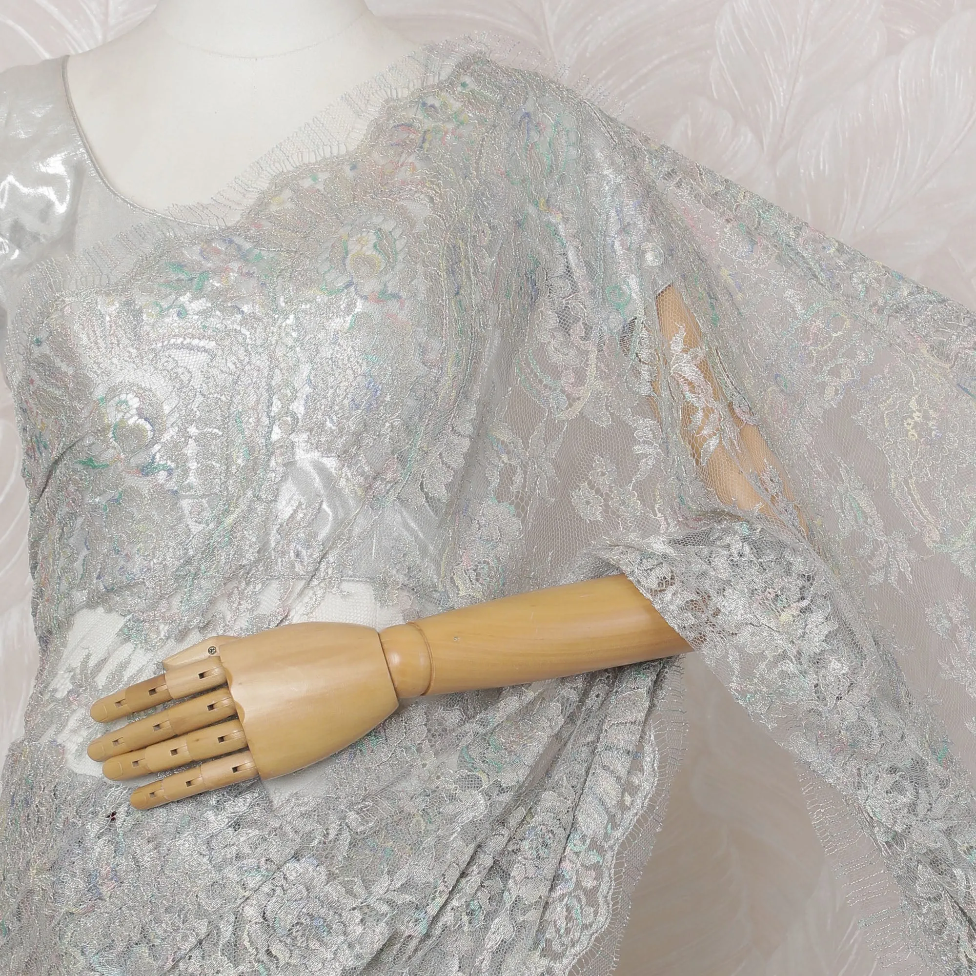 Silver French Metallic Chantilly Lace Saree - 110 cm Width, 5.5 Meters-D20159