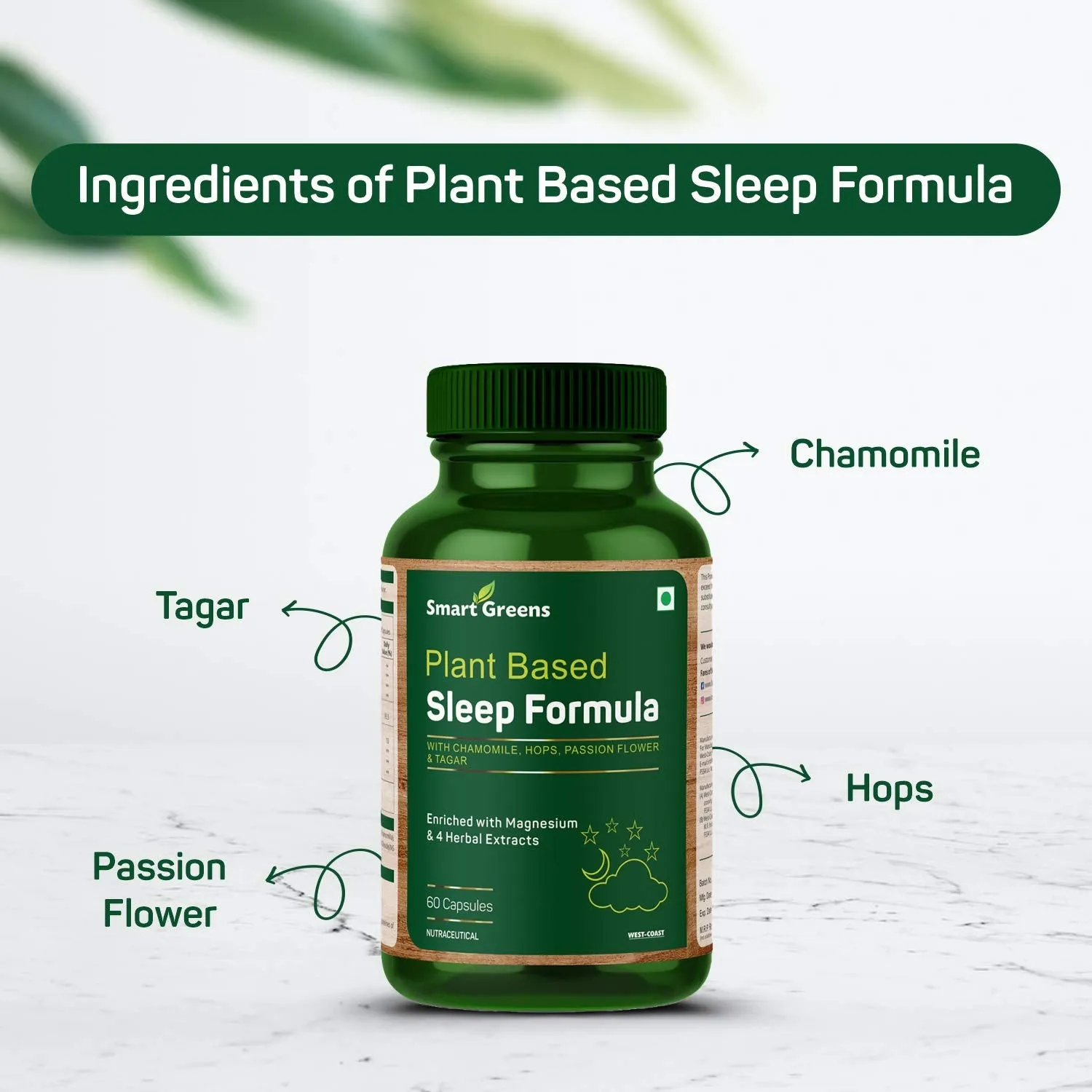 Smart Greens Plant Based Sleep Formula with Chamomile, Hops, Passion Flower & Tagar Enriched with Magnesium & 5 Herbal Extracts – 60 Capsules
