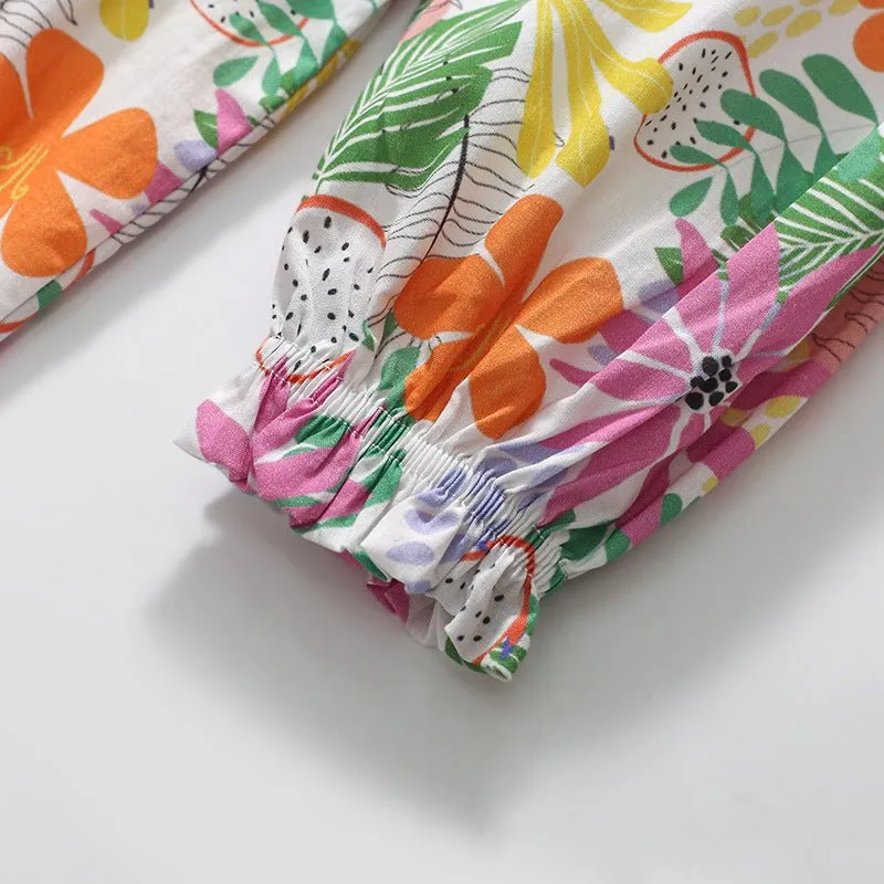 Toddler/Kid Girl's Long Sleeve Tropical Fruit and Floral Design Dress