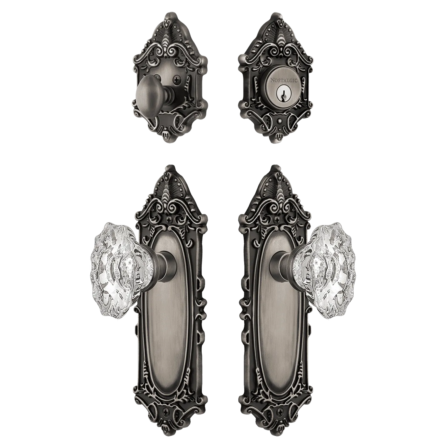 Victorian Entry Set with Chateau Crystal Knob in Antique Pewter